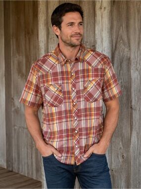 Fossil 54 Men’s Large Plaid Western Pearl Snap Short Sleeve Shirt